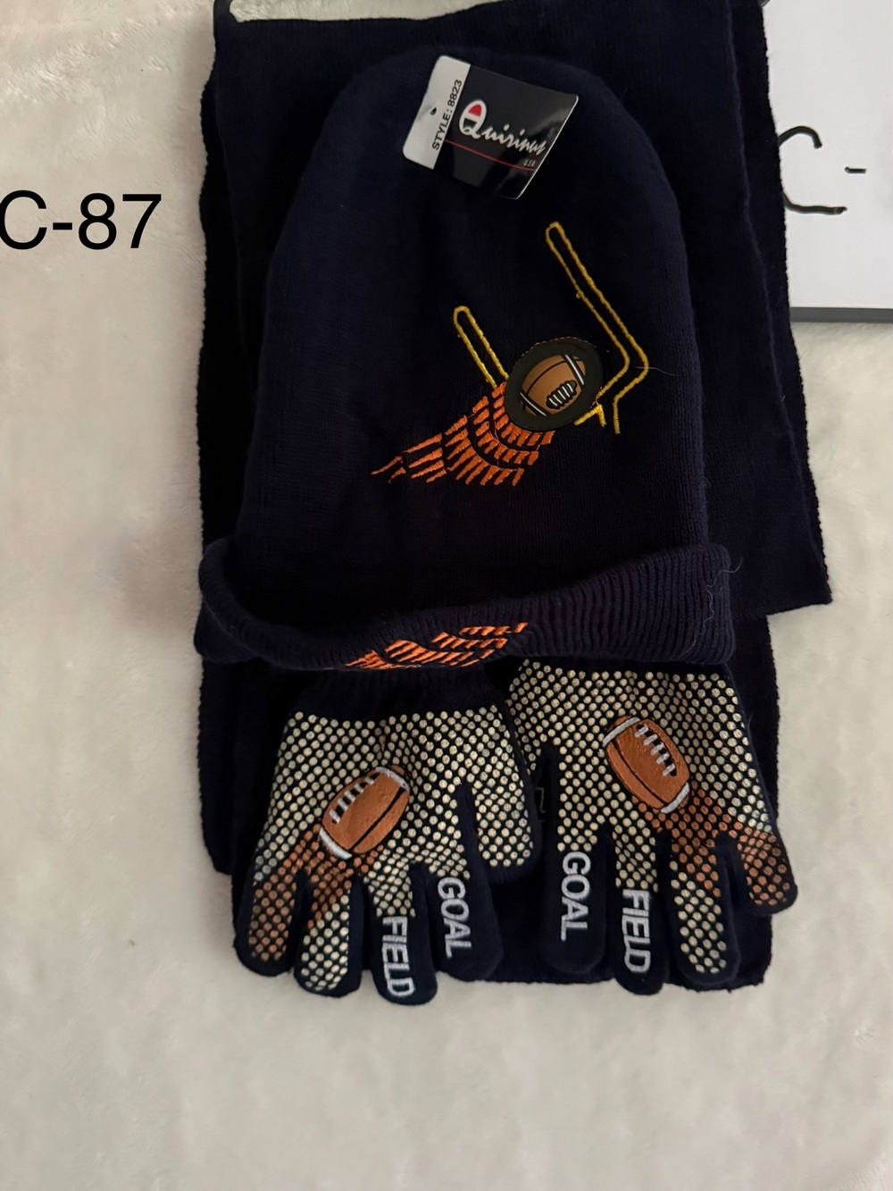 Champion Navy Beanie and Football Grip Gloves Set